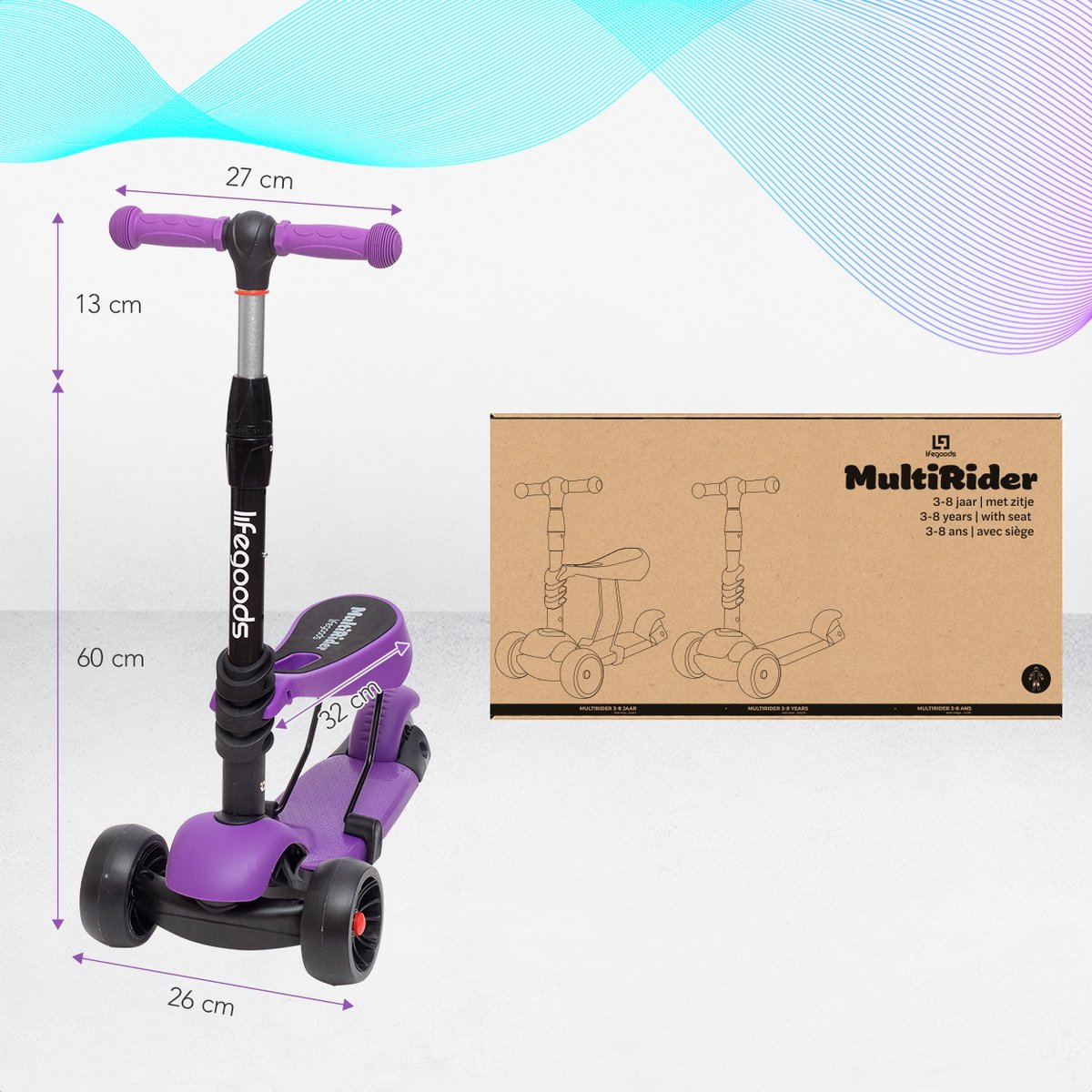 LifeGoods MultiRider Kinderstep - Step 3-8 Jaar - Hoogte Verstelbaar Zitje - Lichtgevende LED Wielen - Jongens/Meisjes - Paars — afbeelding 9