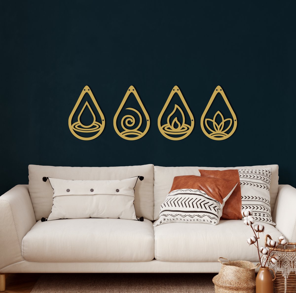 Wanddecoratie | Vier Elementen / Four Elements | Metal - Wall Art | Muurdecoratie | Woonkamer | Buiten Decor |Gouden| 30x30cm
