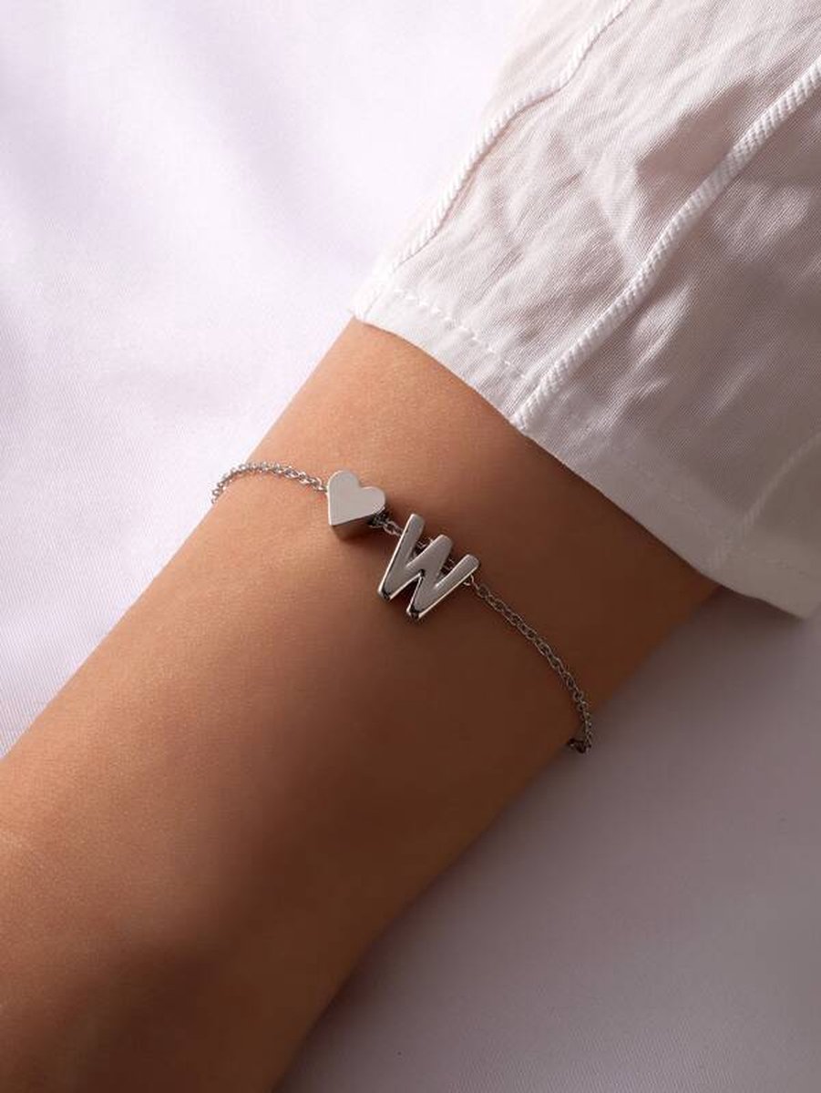 Initiaal Armband met Letter W Zilverkleurig - Naam Armband Cadeau - Geluks Armband op Kaartje - Pax Amare