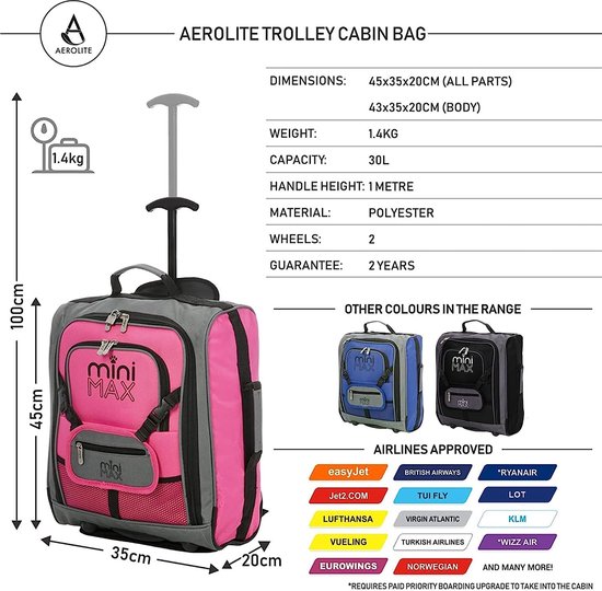 Aerolite MiniMAX Geschikt voor easyJet 45 x 36 x 20 nieuwe 2021 handbagage,  trolley... | bol