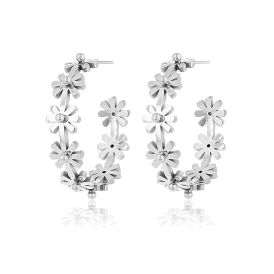 OOZOO Jewellery - Zilverkleurige oorringen met bloemen - SE-3042