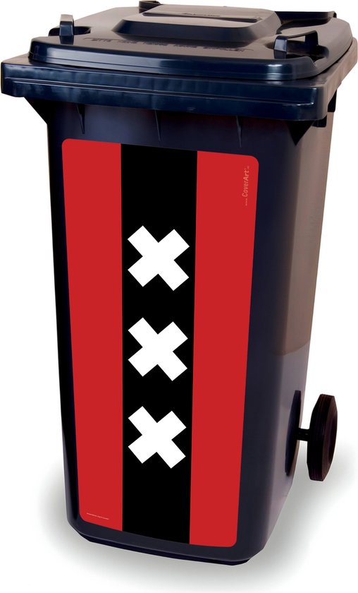 Kliko sur l' autocollant drapeau d'Amsterdam, autocollant de conteneur Amsterdam, armoiries de la ville d' Amsterdam, sur une poubelle à roulettes, autocollants de conteneur de déchets, Ajax, Amsterdam, CoverArt