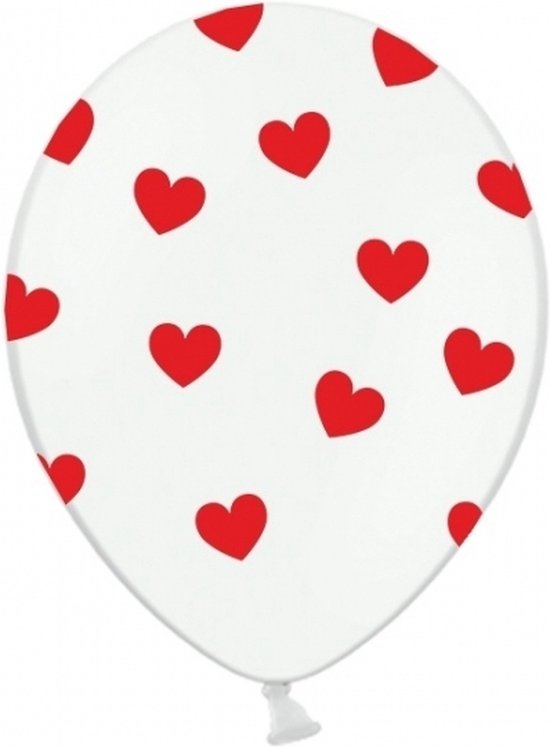 6 ballons blancs avec des coeurs rouges