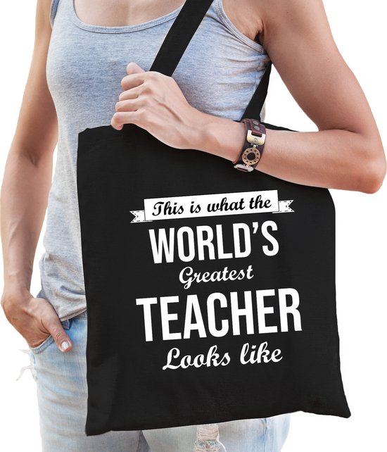 Foto: Worlds greatest teacher cadeau tasje zwart voor dames verjaardag kado tas katoenen shopper voor lerares juf leerkacht