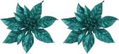 5x Kerstboomversiering op clip emerald groene bloem 15 cm - emerald groene kerstversieringen