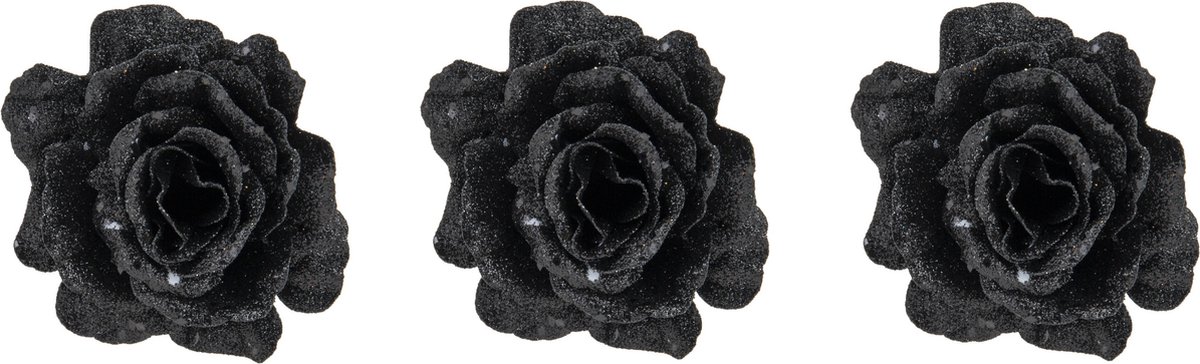 Cosy & Trendy Roos op Clip - 6x stuks - zwart glitter - 10 cm - decoratiebloem - kerstversiering
