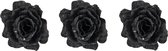 6x stuks decoratie bloemen roos zwart glitter op clip 10 cm - Decoratiebloemen/kerstboomversiering/kerstversiering