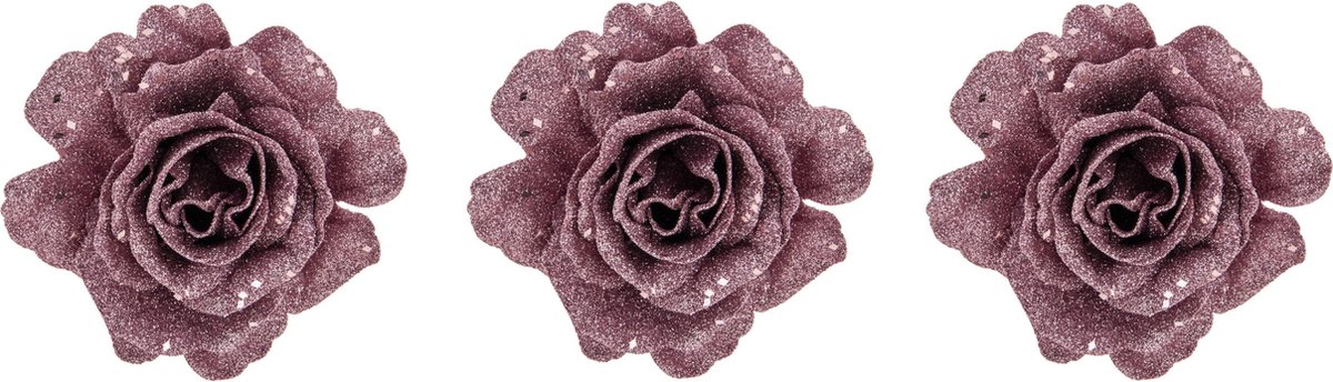 Cosy & Trendy Kerstboomversiering Bloemen - 3x - 10 cm - roze glitter - op clip - ornament