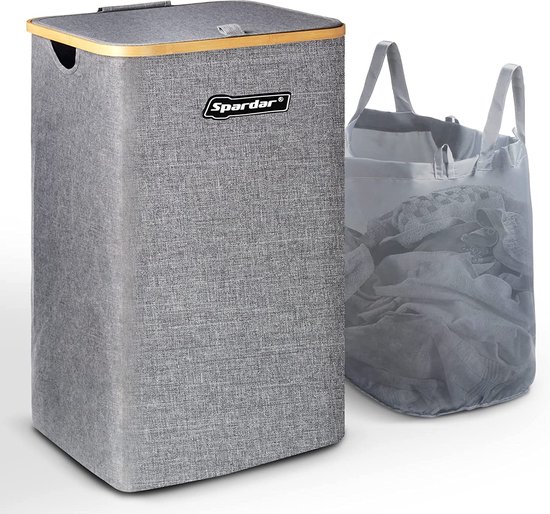 Spardar Wasmand met deksel, 100 liter, opvouwbare wasmand met waszak, XXL, wasverzamelaar, wasbox voor vuile was, wasmand, laundry baskets, grote wasmanden, dubbele handgreep, grijs