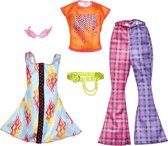 Barbie Outfit - Oranje Shirt, Roze/Paarse Broek, Blauwe Jurk, Zonnebril en Riem - Barbiepop kleding