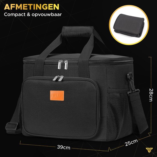 Toivo 4 Laags Geïsoleerde Koeltas 24 Liter - Incl. 2 Koelelementen - 600D Oxford Materiaal - Waterdicht en vuilafstotend - Zwart - Lunchtas en Picknicktas
