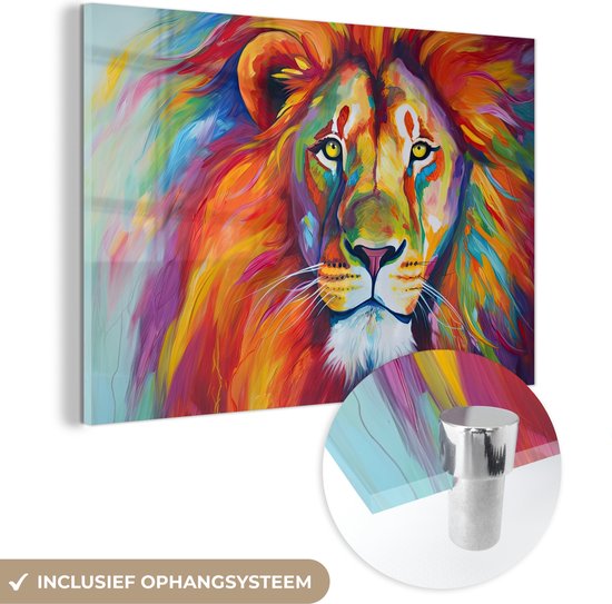 MuchoWow® Peinture sur verre 120x80 cm - Peinture sur verre acrylique - Lion - Animaux - Peinture à l'huile - Arc-en-ciel - Photo sur verre - Peintures