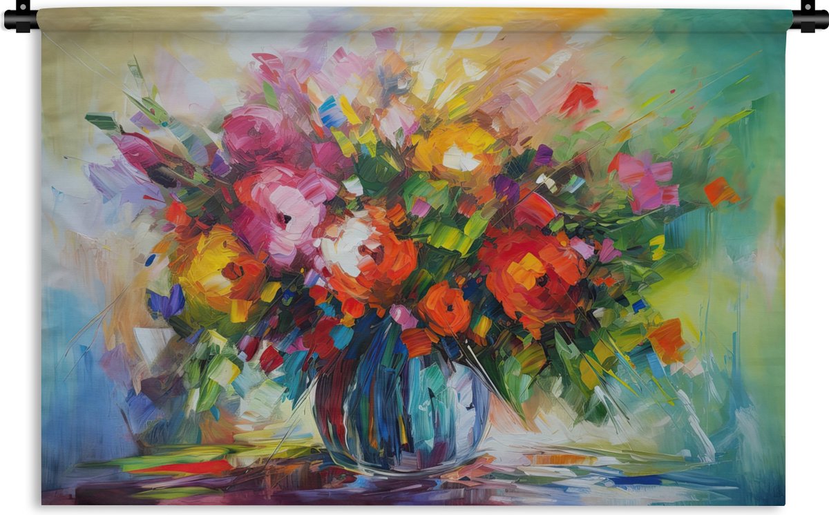 Wandkleed - Wanddoek - Bloemen - Kleurrijk - Bloempot - Olieverf - 60x40 cm - Wandtapijt