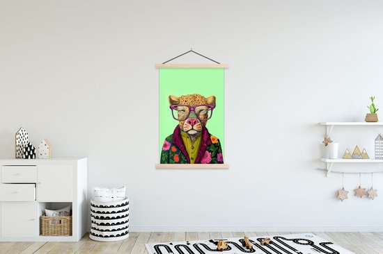 Posterhanger incl. Poster 120x180 cm - Schoolplaat - Dieren - Bril - Hond - Design - Textielposter - Blanke latten