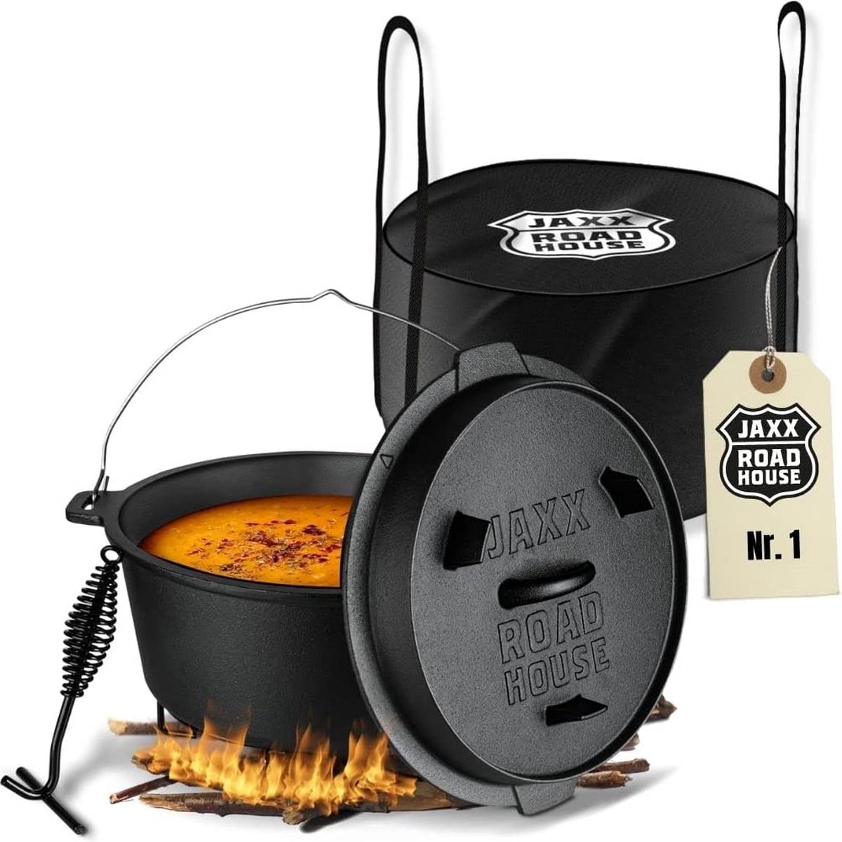 Dutch Ovenset met accessoires, 7 liter, ingebrande BBQ gietijzeren pan voor open vuur, gas-/kolengrill, oven en alle fornuizen inclusief inductie met dekselheffer, onderzetter, tas