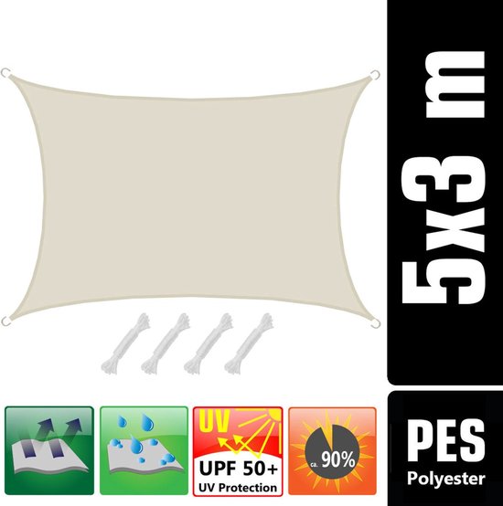 Beige rechthoekig schaduwdoek van 5x3m met koorden, UV-bescherming en waterafstotend materiaal.