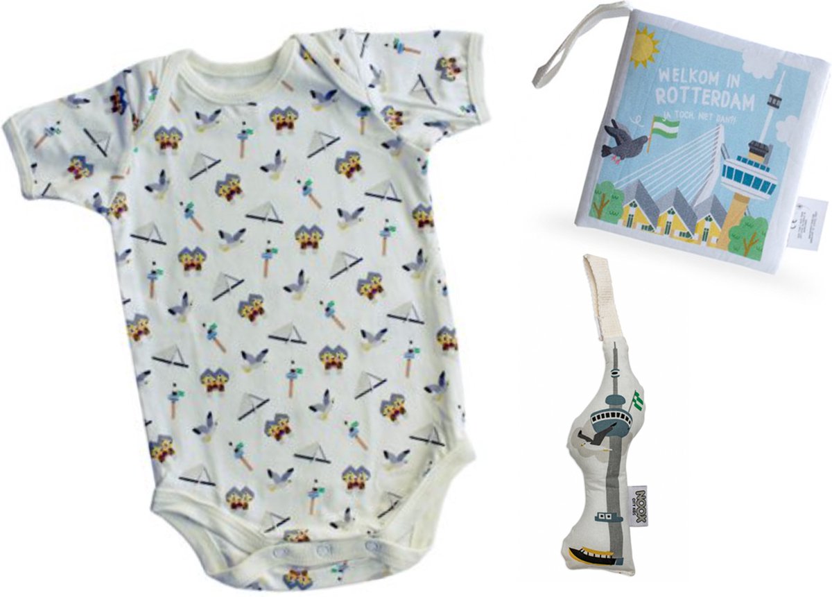 Goedkoopste Combideal Rotterdam met babyboekje & romper 3-6 maanden & soft toy Euromast- fairly made - duurzaam en origineel kraamcadeau
