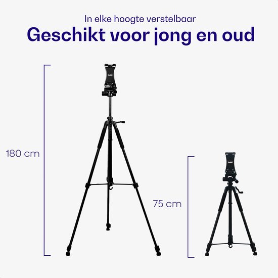 Zwart statief in hoge (180cm) en lage (75cm) stand.