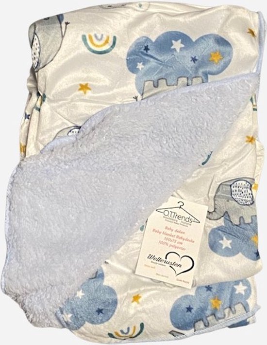 OT Trends Couverture bébé Cot blanc/bleu avec motif éléphant - Châle Bébé - Doublure douce - 100 x 75 Centimeter