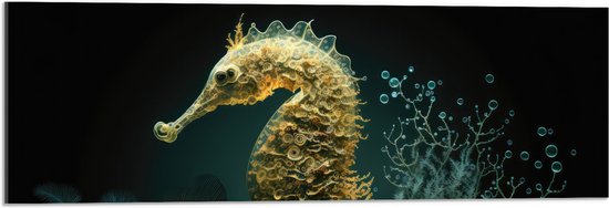Acrylglas - Zeepaardje tussen de Planten in het Zeewater - 90x30 cm Foto op Acrylglas (Met Ophangsysteem)