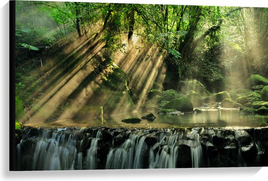 Canvas - Water - Waterval - Bomen - Planten - Stenen - Zonnestralen - 90x60 cm Foto op Canvas Schilderij (Wanddecoratie op Canvas)
