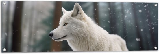 Tuinposter – Witte Wolf in Besneeuwd Landschap met Kale Bomen - 120x40 cm Foto op Tuinposter (wanddecoratie voor buiten en binnen)