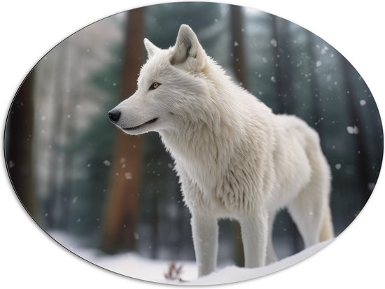 Dibond Ovaal - Witte Wolf in Besneeuwd Landschap met Kale Bomen - 96x72 cm Foto op Ovaal (Met Ophangsysteem)