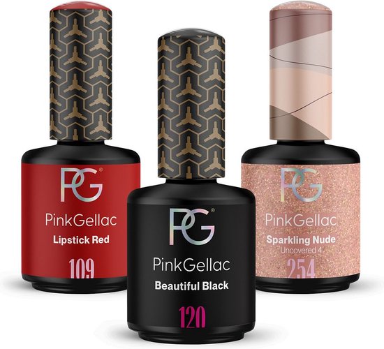 Pink Gellac Gellak Set met 3 x 15ml Kleuren 120 Beautiful black 109 Lipstick red