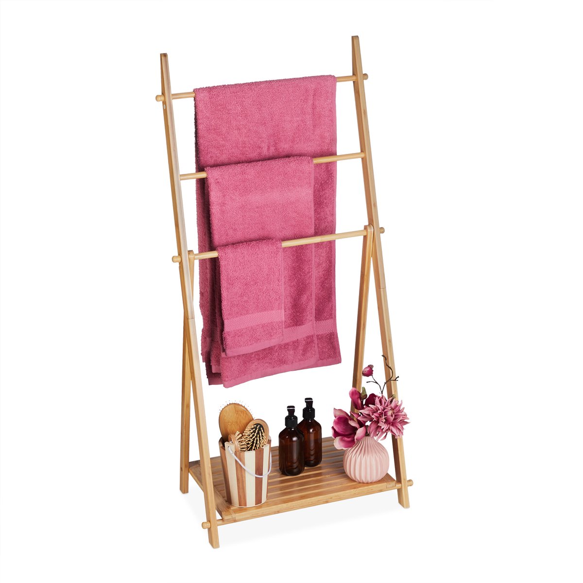 Relaxdays handdoekenrek met plank - 3 stangen - staande handdoekhouder - bamboe rek