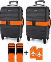 CADEBO 2x Kofferriemen + 2x Bagagelabels - 188 cm * 5 cm - Verstelbaar - Geschikt voor iedere koffer - Oranje - Gratis Verzonden