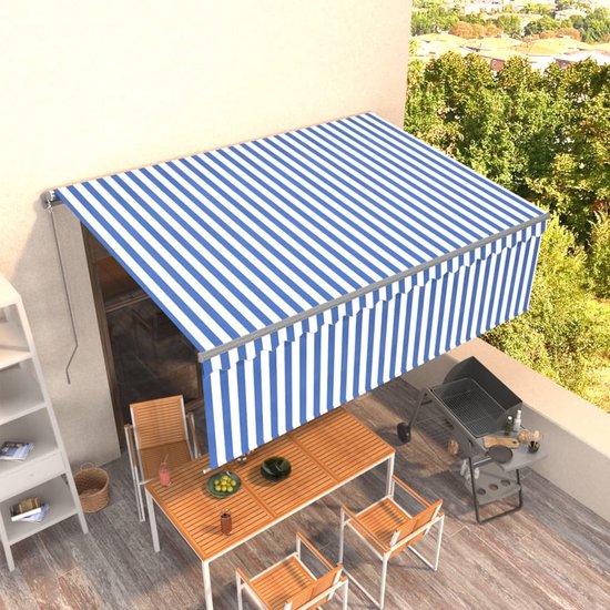 vidaXL Auvent extensible manuellement avec store enrouleur LED 4x3 m Bleu Blanc