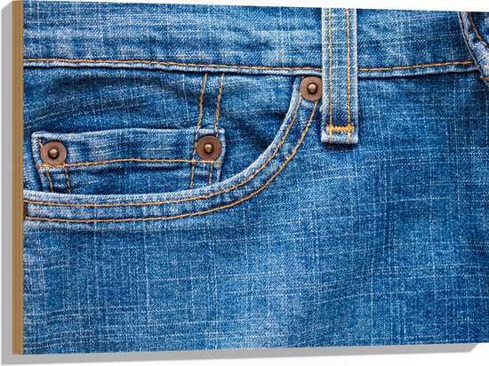 Hout - Close-up van Broekzak van Jeans - 80x60 cm - 9 mm dik - Foto op Hout (Met Ophangsysteem)