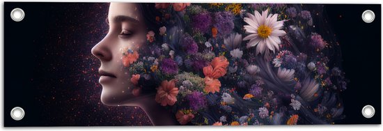 Tuinposter – Zijaanzicht van Vrouw met Kapsel van Bloemen tegen Zwarte Achtergrond - 60x20 cm Foto op Tuinposter (wanddecoratie voor buiten en binnen)