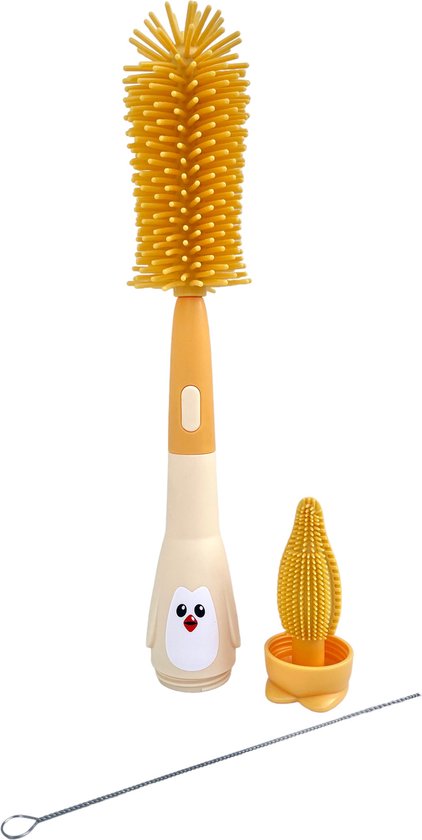 Baby Flessenborstel | Geel | Flessenreiniger | Siliconen | Flesvoedingsaccessoires | 3-in-1