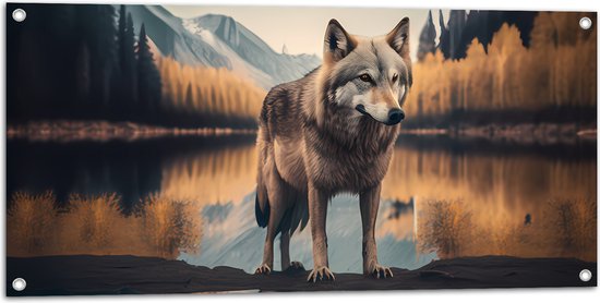 Tuinposter – Wolf in Landschap met Weerspiegeling in het Water - 100x50 cm Foto op Tuinposter (wanddecoratie voor buiten en binnen)