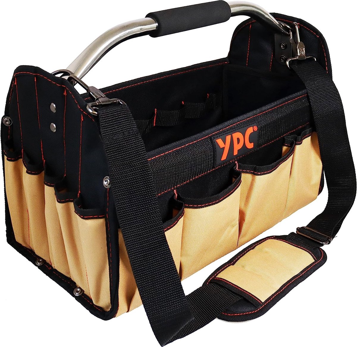 Gereedschapsmand XL – draagbare gereedschapstas met stevige bodem, waterbestendig, scheurvast, opvouwbaar, schouderriem met bekleding en metalen handgreep, zandzwart, 40,5 x 30 x 19,5 cm – 20 kg draagkracht