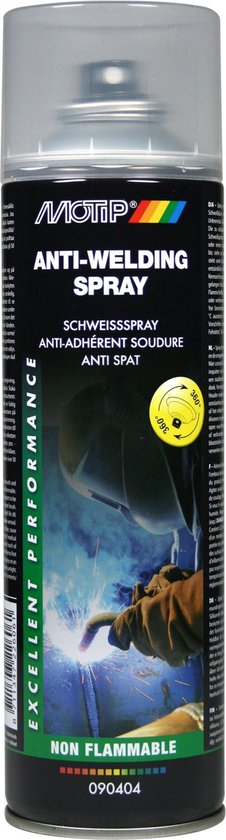 Spuitbus 'Motip Anti-Welding Spray' met afbeelding van lasser, 'Non Flammable'.