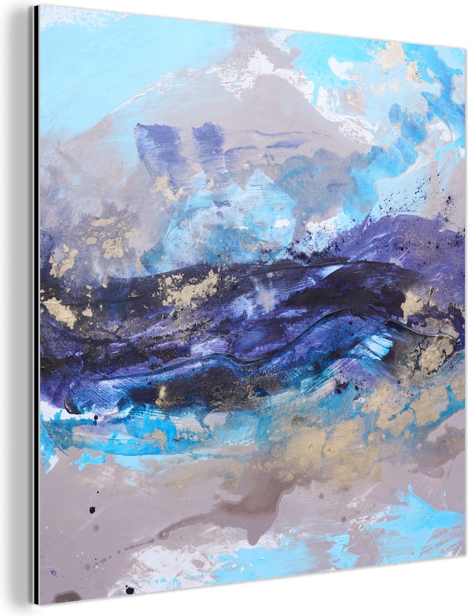 Wanddecoratie Metaal - Aluminium Schilderij Industrieel - Abstract - Grijs - Blauw - Verf 