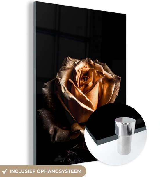 Glasschilderij 90x120 cm - Gouden bloem - Foto op glas roos - Woonkamer schilderij bloemen - Acrylglas schilderijen slaapkamer - Kamer decoratie glasplaat - Wanddecoratie glasschilderijen - Muurdecoratie botanisch