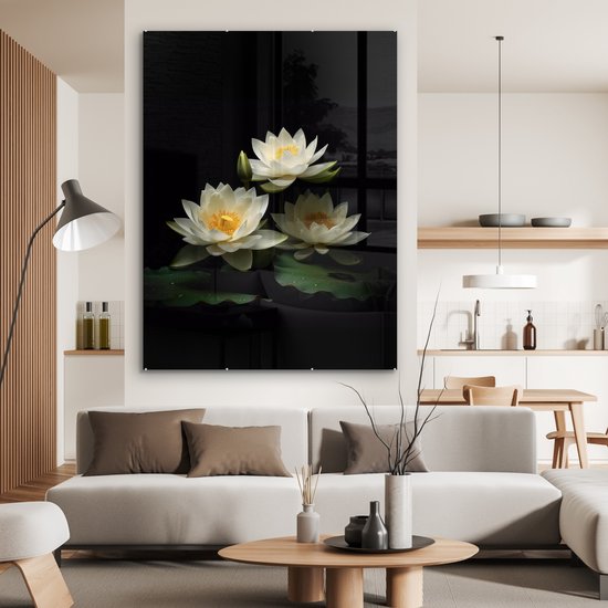 MuchoWow® Peinture sur verre 120x160 cm - Peinture sur verre acrylique - Lotus - Fleurs - Wit - Nature - Zwart - Photo sur verre - Peintures
