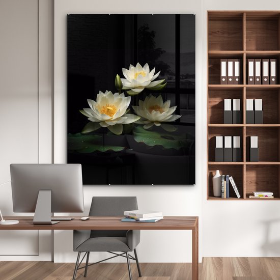 MuchoWow® Peinture sur verre 120x160 cm - Peinture sur verre acrylique - Lotus - Fleurs - Wit - Nature - Zwart - Photo sur verre - Peintures