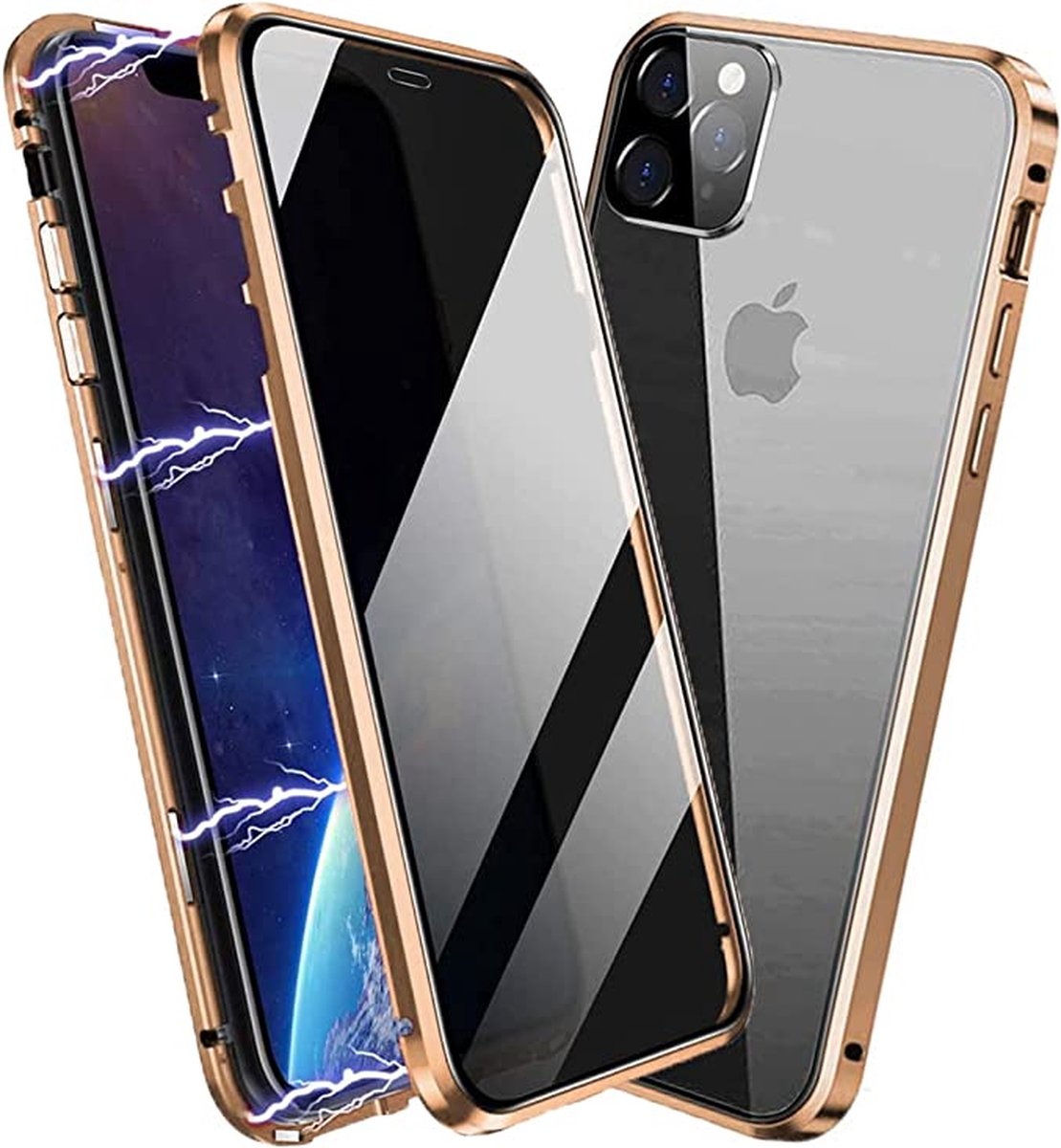 Fiquesa Autri® - Iphone 11 hoesje - goud - privacy scherm - Dubbelzijdig glas protector - metalen bumper