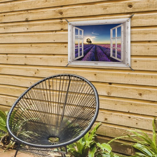 Poster de jardin Look-through - Lavande - Arbre - Fenêtre - Coucher de soleil - 60x40 cm
