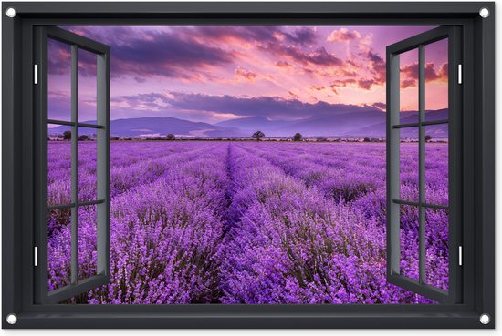 Tuinposter Doorkijk - Lavendel - Paars - Raam - 90x60 cm - Tuindoek - Buitenposter