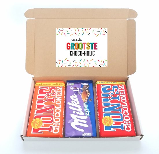 Cadeaupakketje "Voor de grootste Chocoholic" brievenbus cadeau - Tony Chocolonely caramel zeezout - Tony Chocolonely melk - Milka Oreo