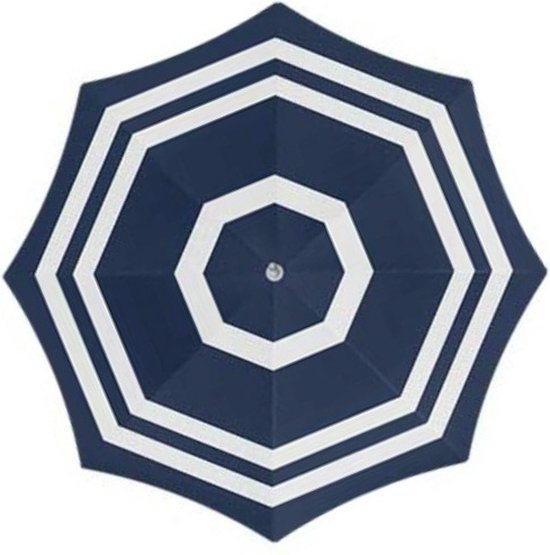 Donkerblauwe parasol met witte strepen, achthoekig, met UV-bescherming.