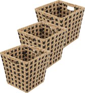 Panier de rangement en osier tressé - 3x - carré - beige/noir - 31x31x31 cm - Paniers placard/salle de bain