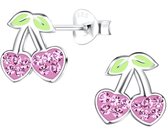 Joy|S - Zilveren kers oorbellen - 9 x 10 mm - roze hartjes - kristal - kinderoorbellen