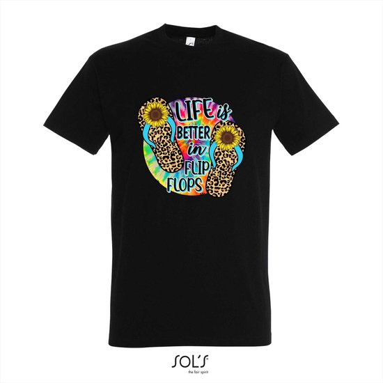 T-shirt Life is better in flip flops - T-shirt korte mouw - zwart - 12 jaar