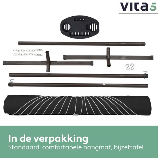 Vita5 Hangmat met Standaard en Spreidstok – 2 Persoons – incl. Bekerhouder - Afneembaar kussen – uv-bestendig – Zwart